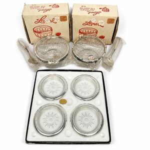 2 VTG LEONARD SILVER 351 Silverplate Crystal Sauce Set & Coaster Set Italy 1980